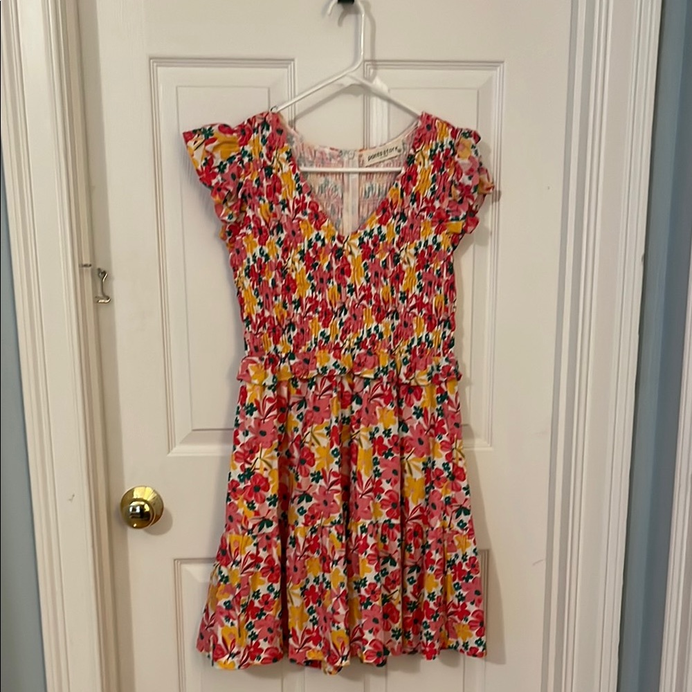 Pink and Red Fit and Flare Sundress with V-Neck